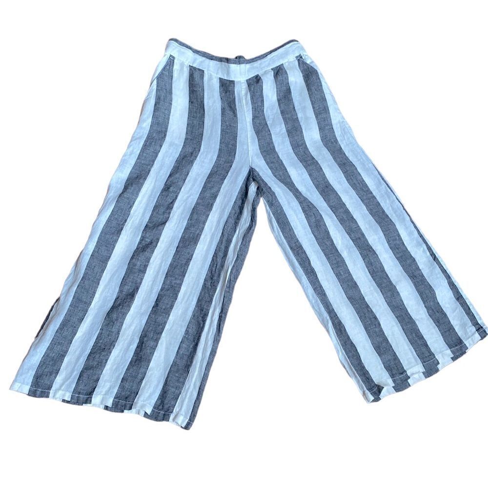 Catherine Malandrino Wide Leg Cropped 100% Linen Striped Flowy Gaucho Pants Lrg